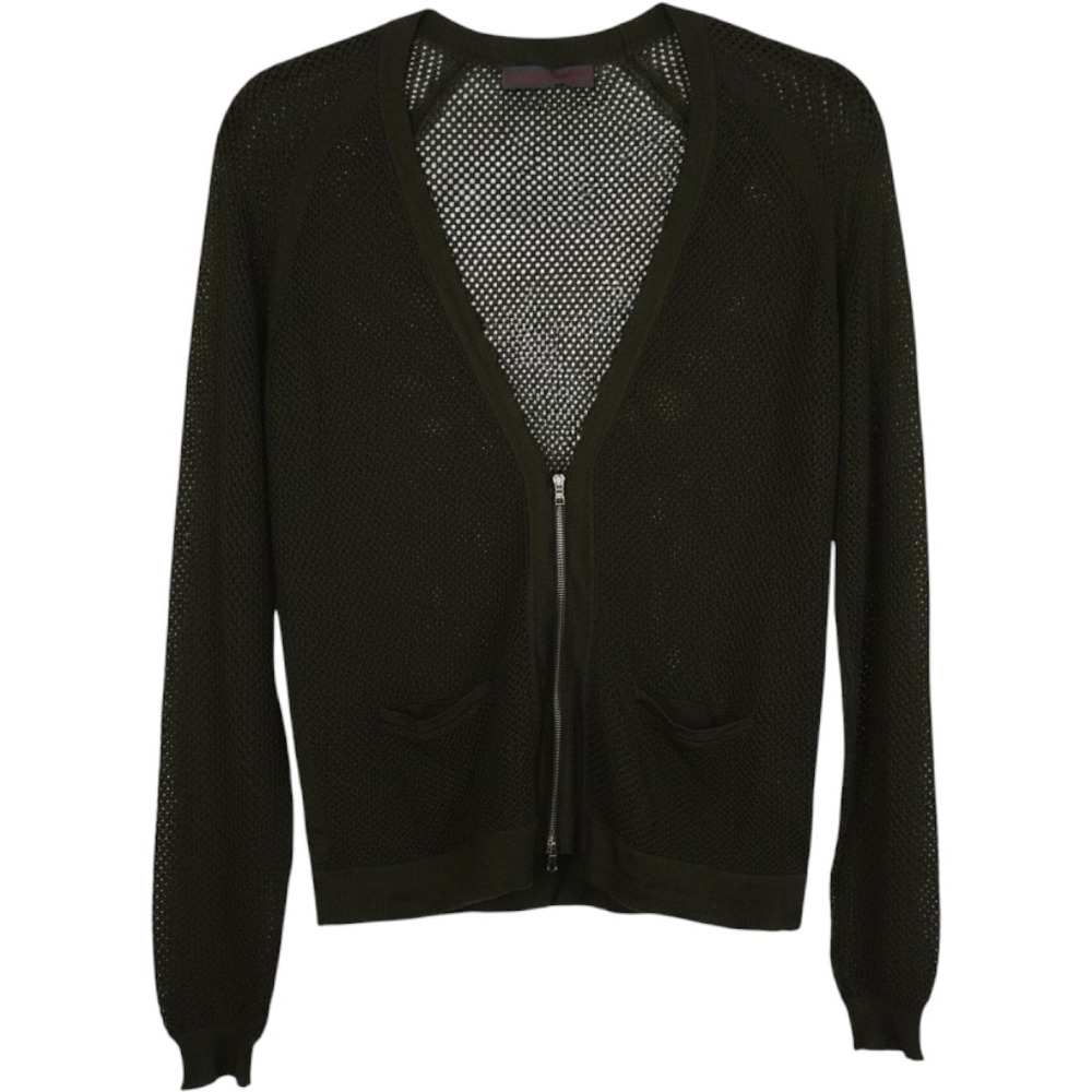 Alan Bilzerian Womens Olive Green Mesh Knit Zip Front Cardigan Sweater V-Neck